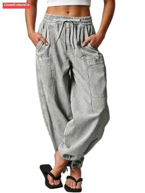 Denim - Women Striped Barrel Jeans Baggy Wide Leg Patchwork Drawstring Joggers